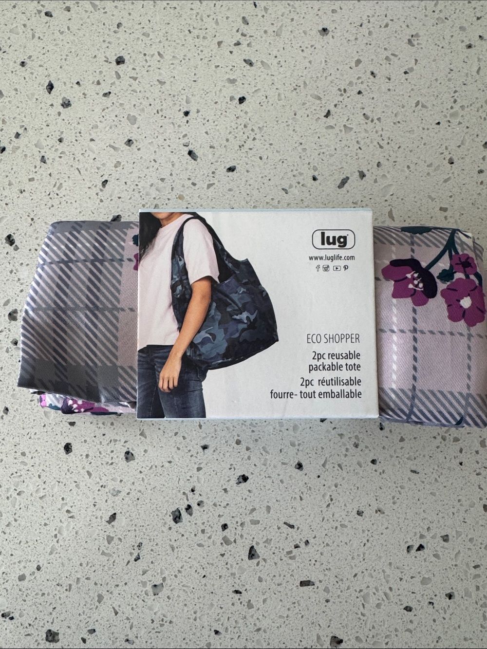 Lug Eco Shopper 2pc Reusable Plaid Floral Pearl Packable Tote Bags NWT